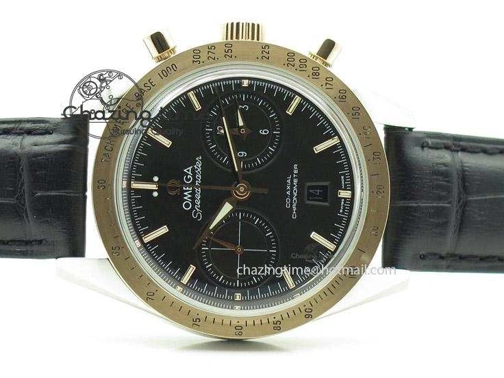 0517 Trendsetting Speedmaster ’57 SS Chrono AXF Best Edition RG Bezel Black Dial on Black Leather Strap A 8283